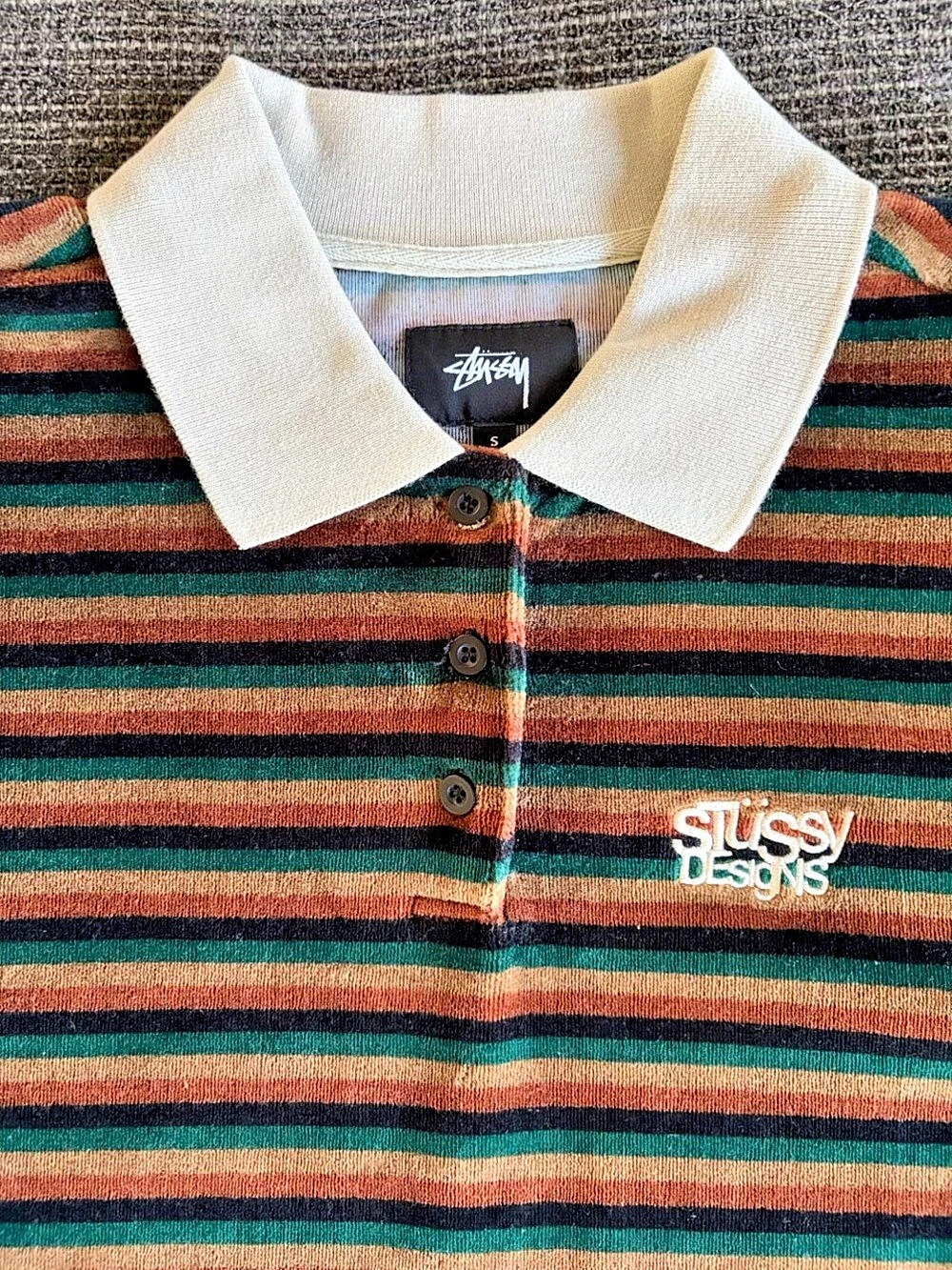 Stussy Rosemary Velour Stripe Longsleeve Polo Green & Brown Small